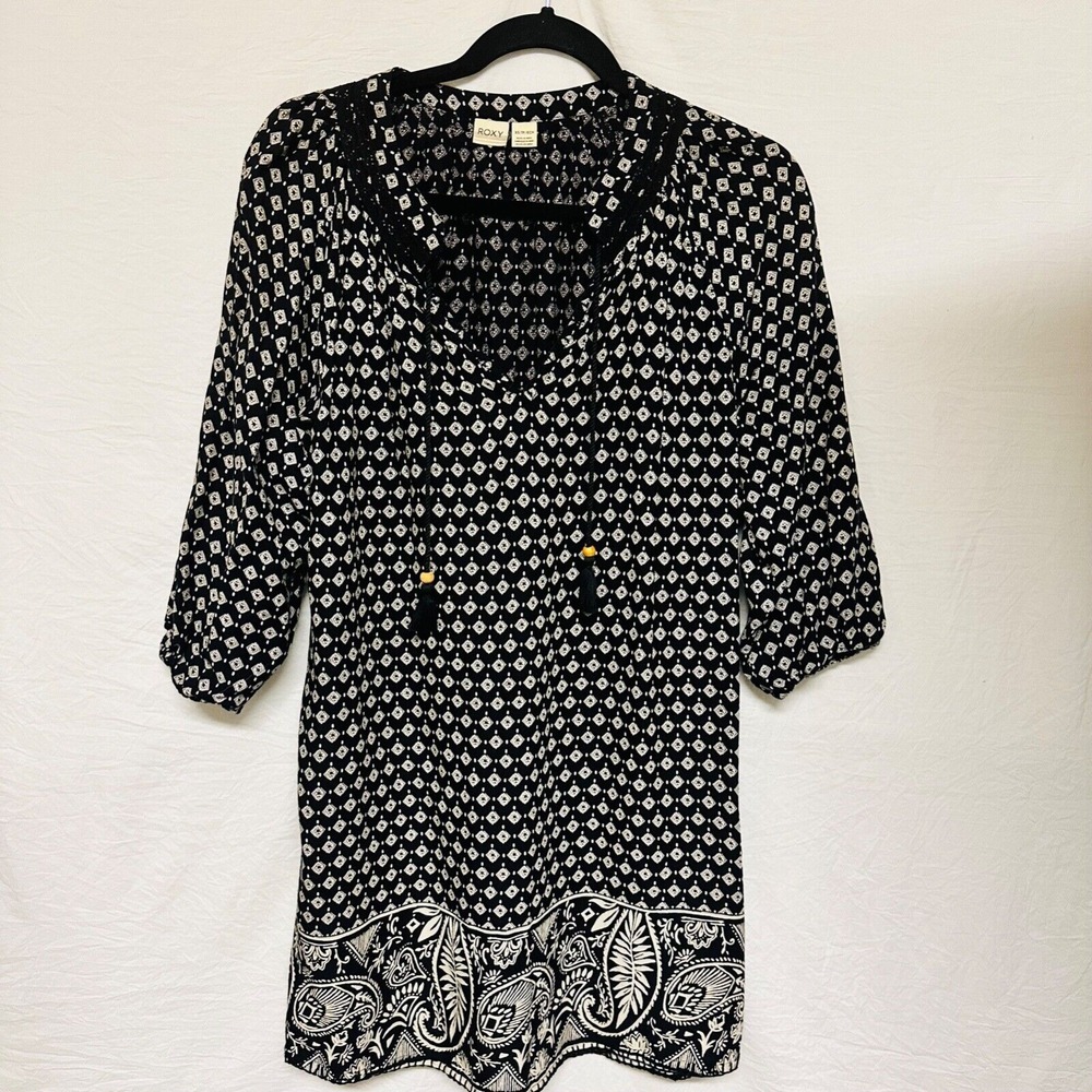 Roxy Tunic Mini‎ Dress Blouse Size XS Boho Beachy Medallion Print Long Sleeve
